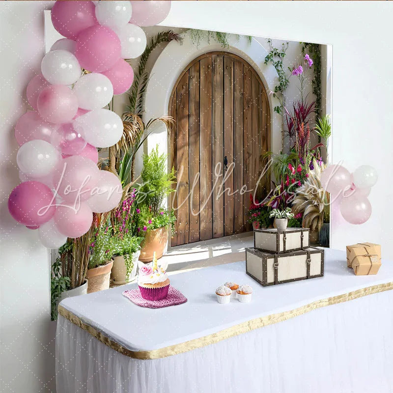 Lofaris Sunny Courtyard Door Backdrop Arch Wood Door and Potted Plants for Spring Decor