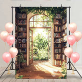 Lofaris Sunny Library Bookshelf Backdrop Spring Garden View through Arch Window for Reading Room Decor