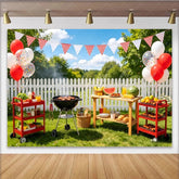 Lofaris Sunny Outdoor BBQ Picnic Photography Backdrop with Red Balloons and Checkered Banners for Backyard Gatherings and Family Photoshoot