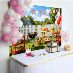 Lofaris Sunny Outdoor BBQ Picnic Photography Backdrop with Red Balloons and Checkered Banners for Backyard Gatherings and Family Photoshoot