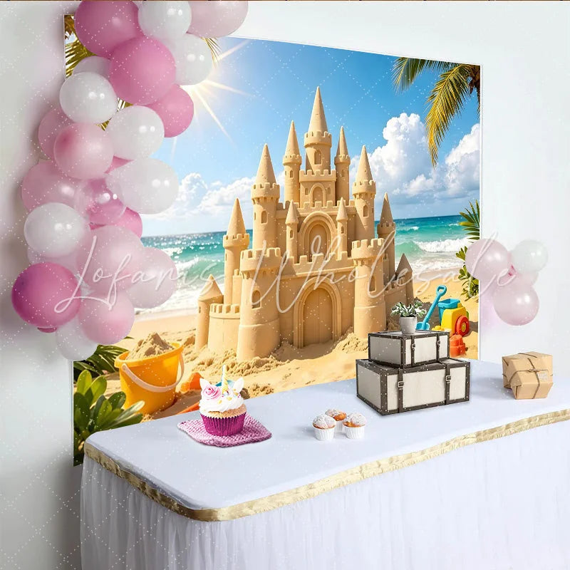 Lofaris Sunny Sandcastle Beach Photography Backdrop with Ocean Waves Vibrant Summer Photo Background for Vacation and Kids Play
