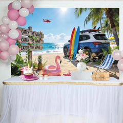 Lofaris Sunny Summer Beach Photography Backdrop with Ocean Waves and Surfboards Tropical Vacation Background for Party Decor and Photoshoot