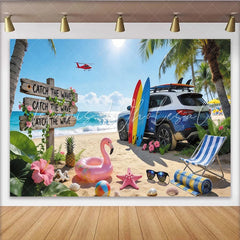 Lofaris Sunny Summer Beach Photography Backdrop with Ocean Waves and Surfboards Tropical Vacation Background for Party Decor and Photoshoot