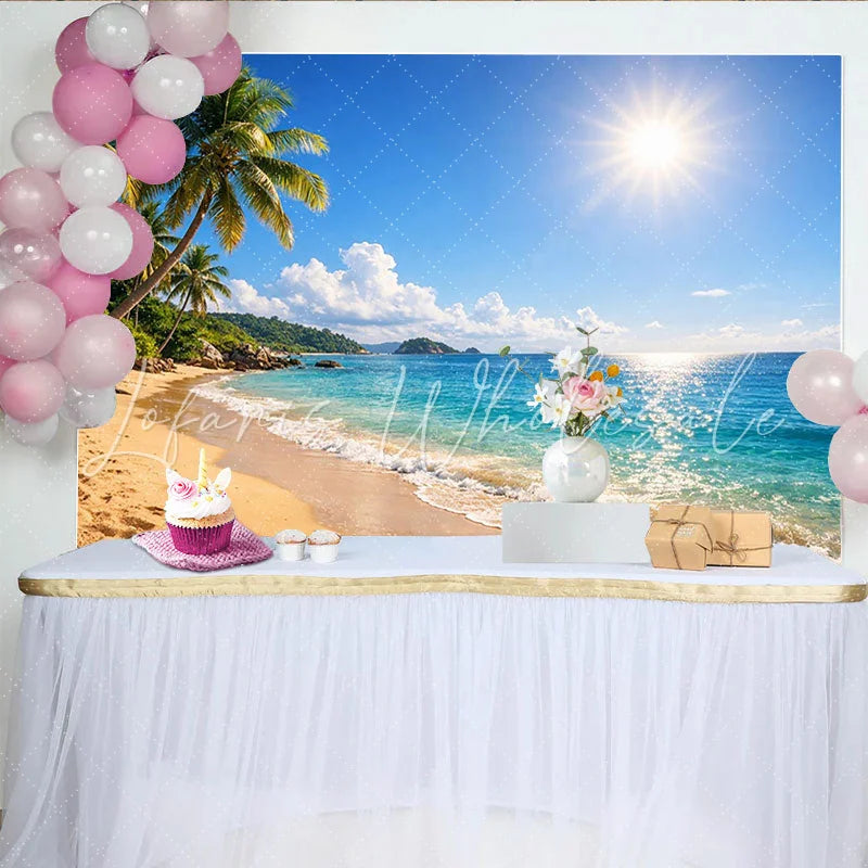 Lofaris Sunny Tropical Beach Photography Backdrop with Palm Trees and Blue Ocean Beautiful Summer Scenery Background for Studio Photoshoot