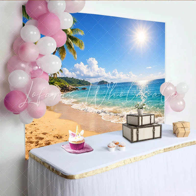 Lofaris Sunny Tropical Beach Photography Backdrop with Palm Trees and Blue Ocean Beautiful Summer Scenery Background for Studio Photoshoot
