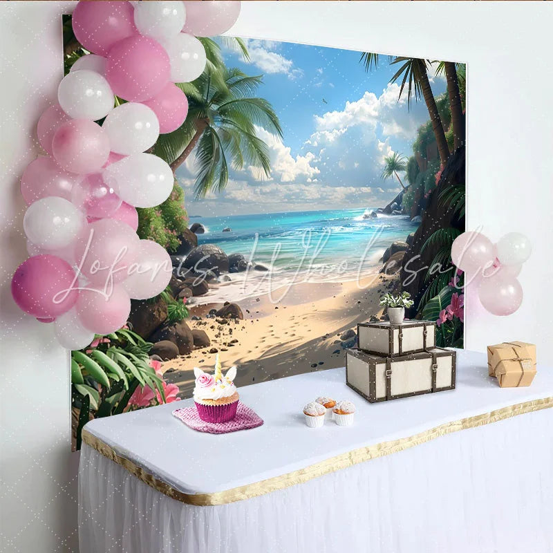 Lofaris Sunny Tropical Beach Photography Backdrop with Palm Trees Scenic Ocean View Background for Summer Vacation Photoshoot