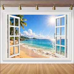 Lofaris Sunny Tropical Beach Window View Photography Backdrop with Palm Trees and Blue Ocean Scenic Studio Background for Summer Photoshoot