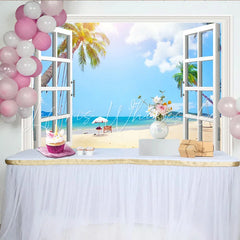 Lofaris Sunny Tropical Window View Beach Photography Backdrop Scenic Blue Ocean and Palm Trees Background for Photoshoot