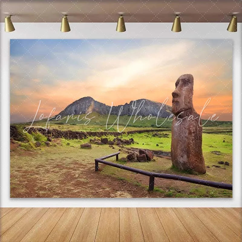 Lofaris Sunset Easter Island Moai Statue Mountain Backdrop Ancient Historic Ruins Landscape Photography Background