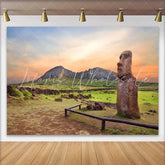 Lofaris Sunset Easter Island Moai Statue Mountain Backdrop Ancient Historic Ruins Landscape Photography Background