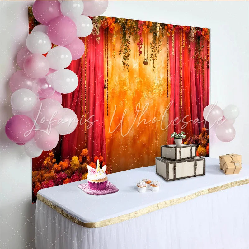 Lofaris Sunset Floral Stage Backdrop Warm Orange Textured Wall and Hanging Garden Vines Party Banner