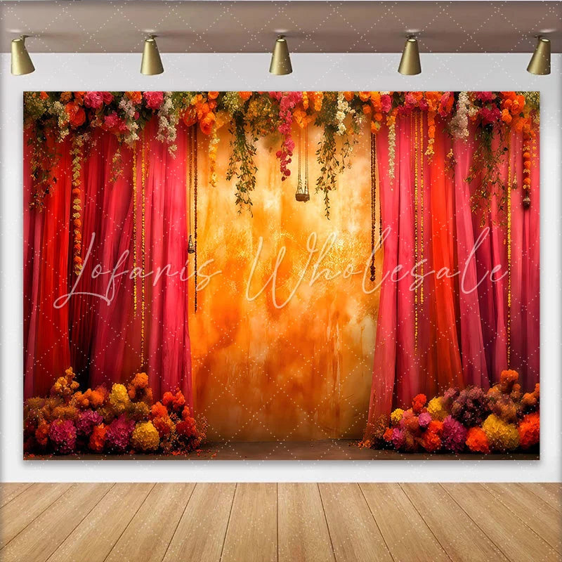 Lofaris Sunset Floral Stage Backdrop Warm Orange Textured Wall and Hanging Garden Vines Party Banner
