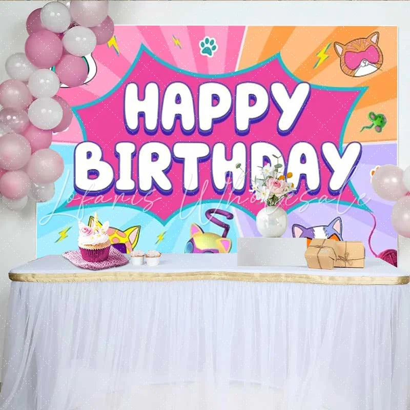 Lofaris Superhero Cat Birthday Backdrop Comic Pop Art Kitten Party Decoration Pink Blue Burst Happy Birthday Banner Photo Background