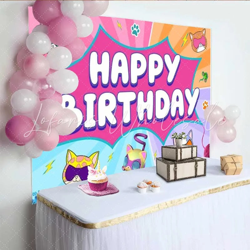 Lofaris Superhero Cat Birthday Backdrop Comic Pop Art Kitten Party Decoration Pink Blue Burst Happy Birthday Banner Photo Background