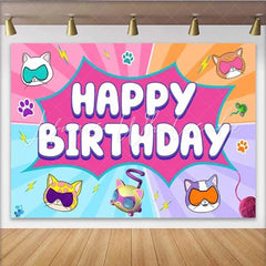 Lofaris Superhero Cat Birthday Backdrop Comic Pop Art Kitten Party Decoration Pink Blue Burst Happy Birthday Banner Photo Background