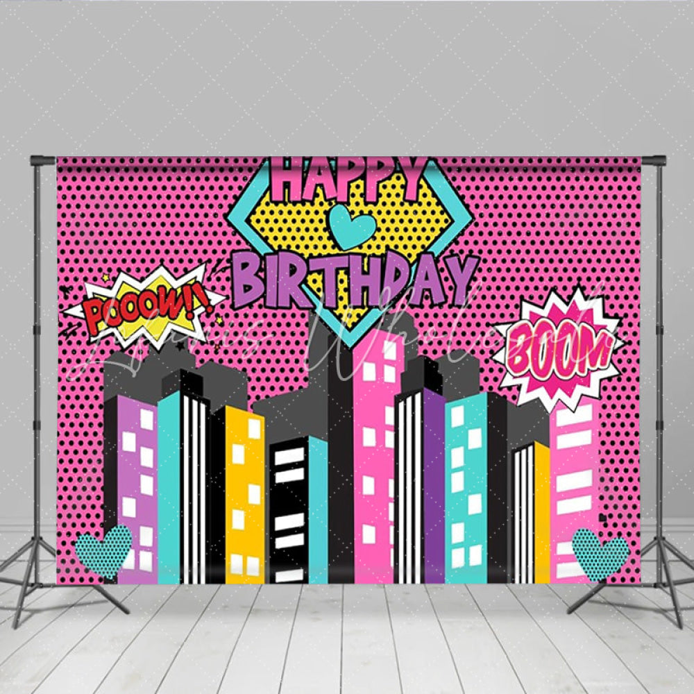 Lofaris Superhero Cityscape Pink Comic Party Photography Birthday Backdrop