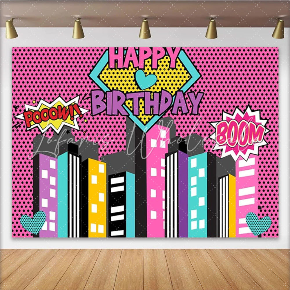 Lofaris Superhero Cityscape Pink Comic Party Photography Birthday Backdrop