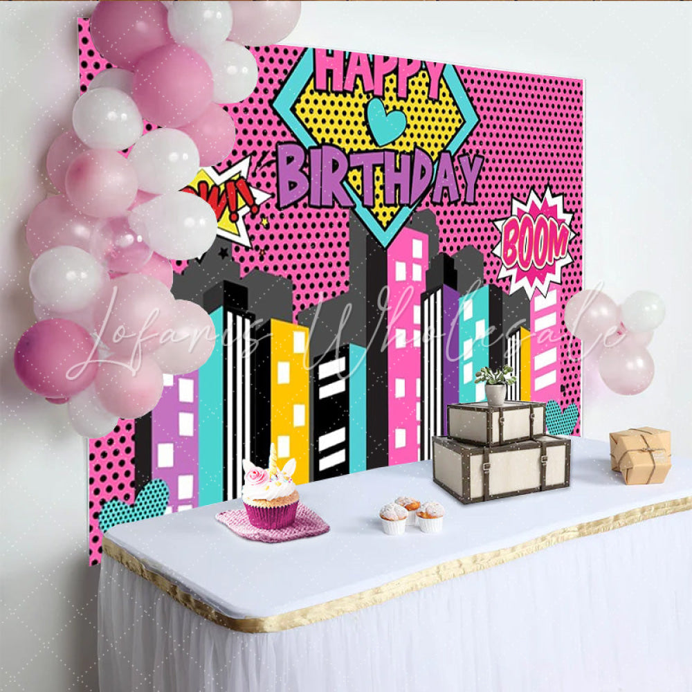 Lofaris Superhero Cityscape Pink Comic Party Photography Birthday Backdrop