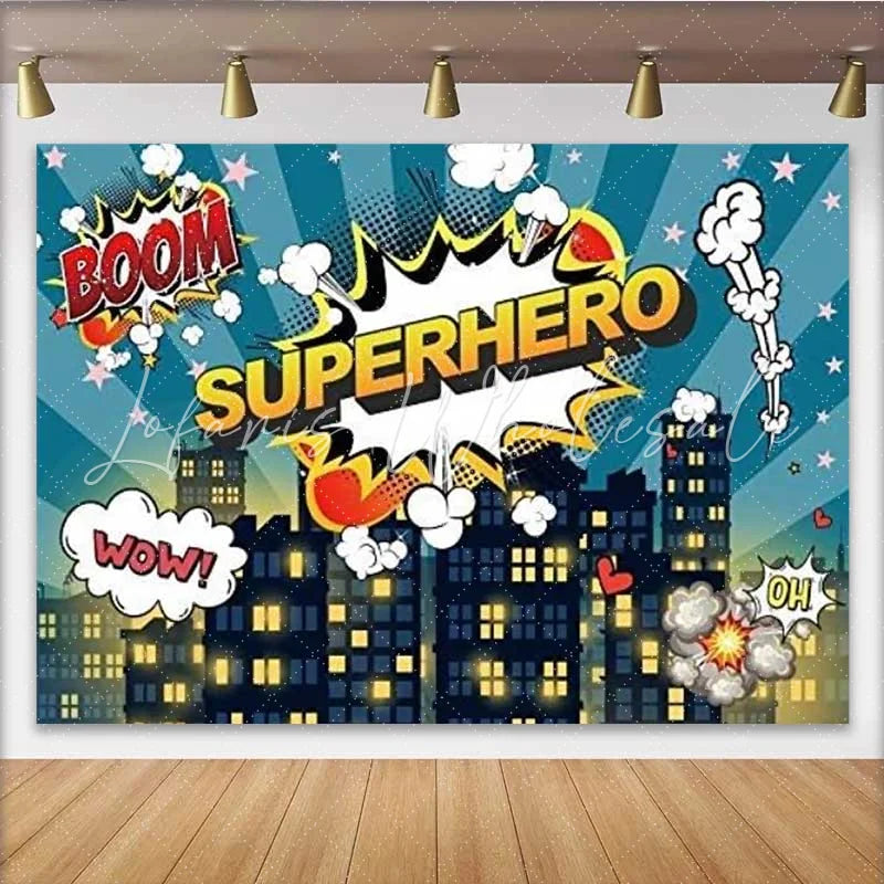 Lofaris Superhero Comic City Birthday Backdrop Pop Art Skyline Boom Pow Party Decoration Night Building Happy Birthday Banner Photo