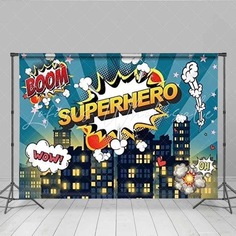 Lofaris Superhero Comic City Birthday Backdrop Pop Art Skyline Boom Pow Party Decoration Night Building Happy Birthday Banner Photo