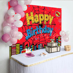 Lofaris Superhero Spider Inspired Birthday Backdrop Comic Book Cityscape for Boys Party Web Themed Photo Booth Decor