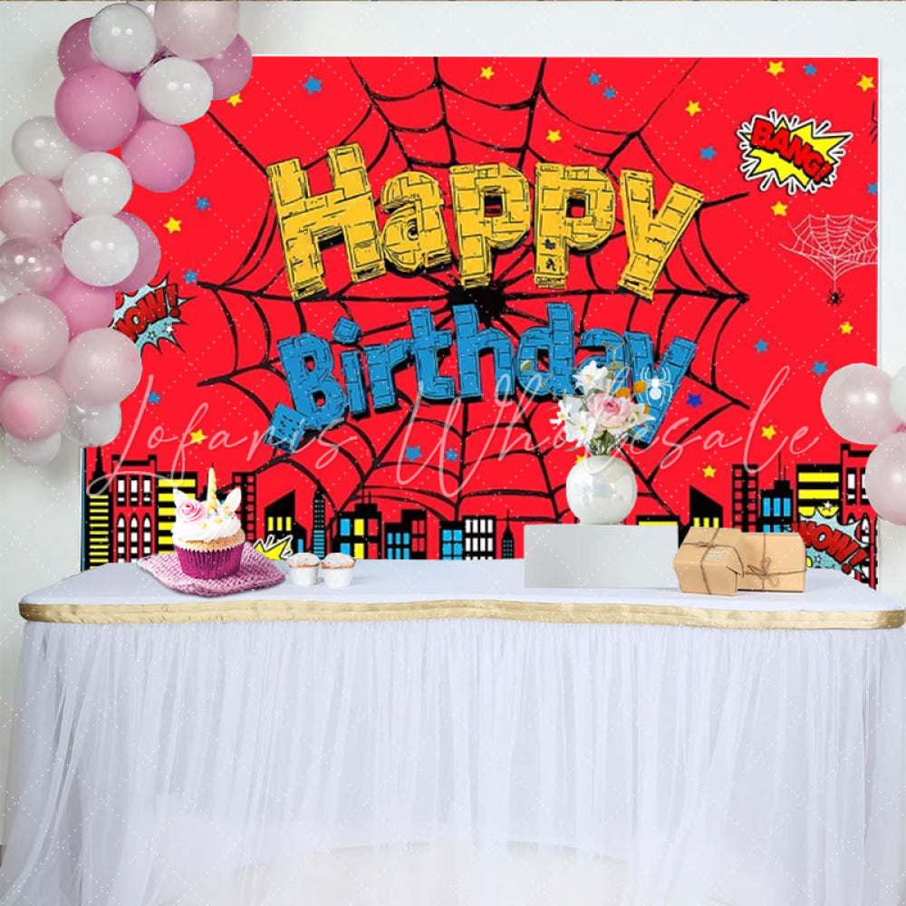 Lofaris Superhero Spider Inspired Birthday Backdrop Comic Book Cityscape for Boys Party Web Themed Photo Booth Decor