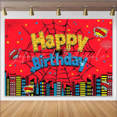 Lofaris Superhero Spider Inspired Birthday Backdrop Comic Book Cityscape for Boys Party Web Themed Photo Booth Decor