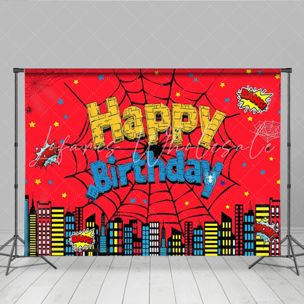 Lofaris Superhero Spider Inspired Birthday Backdrop Comic Book Cityscape for Boys Party Web Themed Photo Booth Decor
