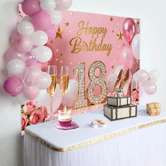 Lofaris Sweet 18th Happy Birthday Backdrop Pink High Heels and Champagne Background Diamond 18 Years Party Decor