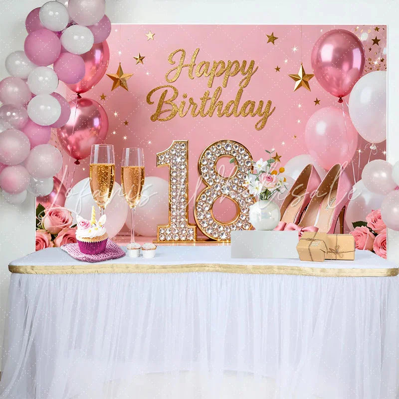 Lofaris Sweet 18th Happy Birthday Backdrop Pink High Heels and Champagne Background Diamond 18 Years Party Decor