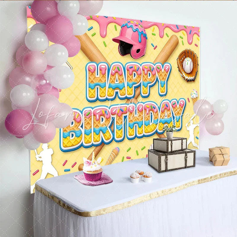 Lofaris Sweet Baseball Birthday Backdrop with Pink Helmet and Bats Colorful Sprinkles Photo Background for Boys’ Sports Theme Party