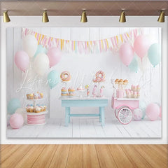 Lofaris Sweet Candy Birthday Backdrop with Pastel Balloons and Dessert Table White Wood Photography Background for Party Decor