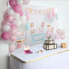 Lofaris Sweet Candy Birthday Backdrop with Pastel Balloons and Dessert Table White Wood Photography Background for Party Decor