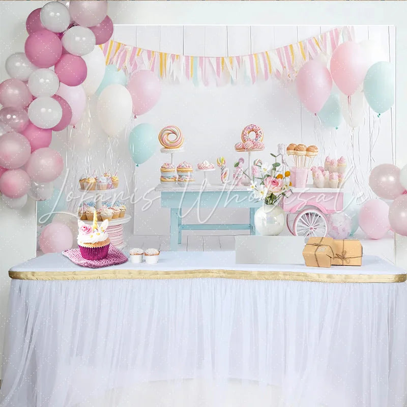 Lofaris Sweet Candy Birthday Backdrop with Pastel Balloons and Dessert Table White Wood Photography Background for Party Decor