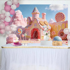 Lofaris Sweet Candy Land Photography Backdrop featuring a Pink Gingerbread House and Lollipops Whimsical Studio Background for Kids
