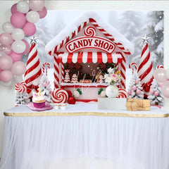 Lofaris Sweet Candy Shop Christmas Backdrop with Snow and Candy Canes Festive Winter Wonderland Background for Holiday Party Decor