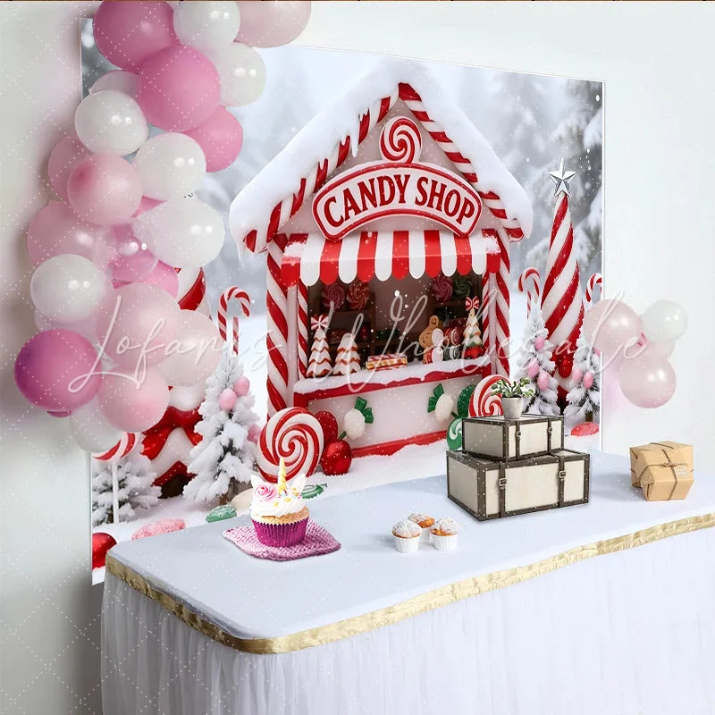 Lofaris Sweet Candy Shop Christmas Backdrop with Snow and Candy Canes Festive Winter Wonderland Background for Holiday Party Decor