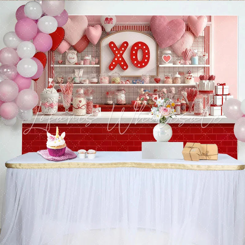 Lofaris Sweet Candy Shop with Red and Pink Hearts XO Sign Party Backdrop Valentine’s Day Love Celebration