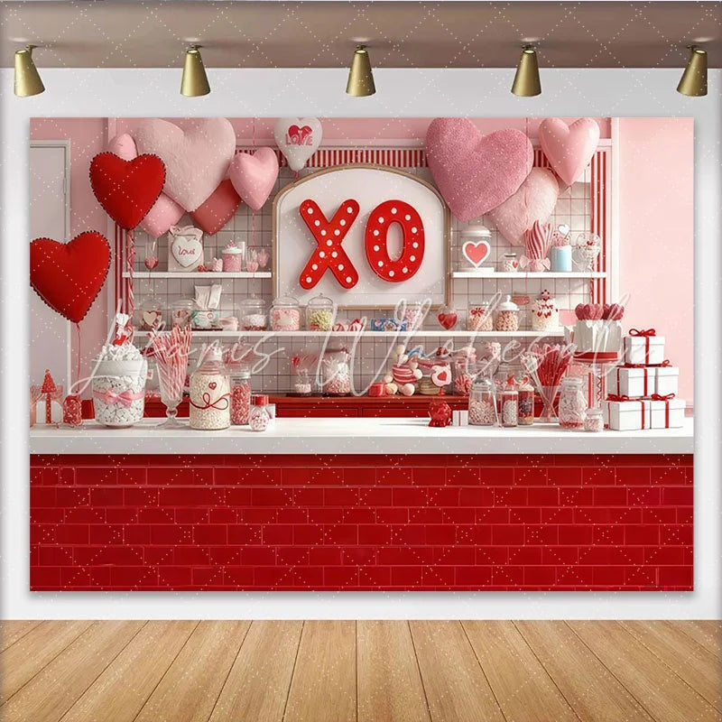 Lofaris Sweet Candy Shop with Red and Pink Hearts XO Sign Party Backdrop Valentine’s Day Love Celebration