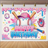 Lofaris Sweet Cartoon Baseball Birthday Backdrop with Pink Blue Drips and Sprinkles Vibrant Sports Background for Kids Party Decor