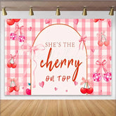 Lofaris Sweet Cherry Birthday Backdrop Pink Gingham Checkered Bow Fruit Party Decoration She is the Cherry on Top Background