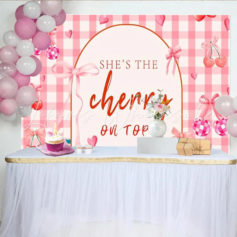 Lofaris Sweet Cherry Birthday Backdrop Pink Gingham Checkered Bow Fruit Party Decoration She is the Cherry on Top Background