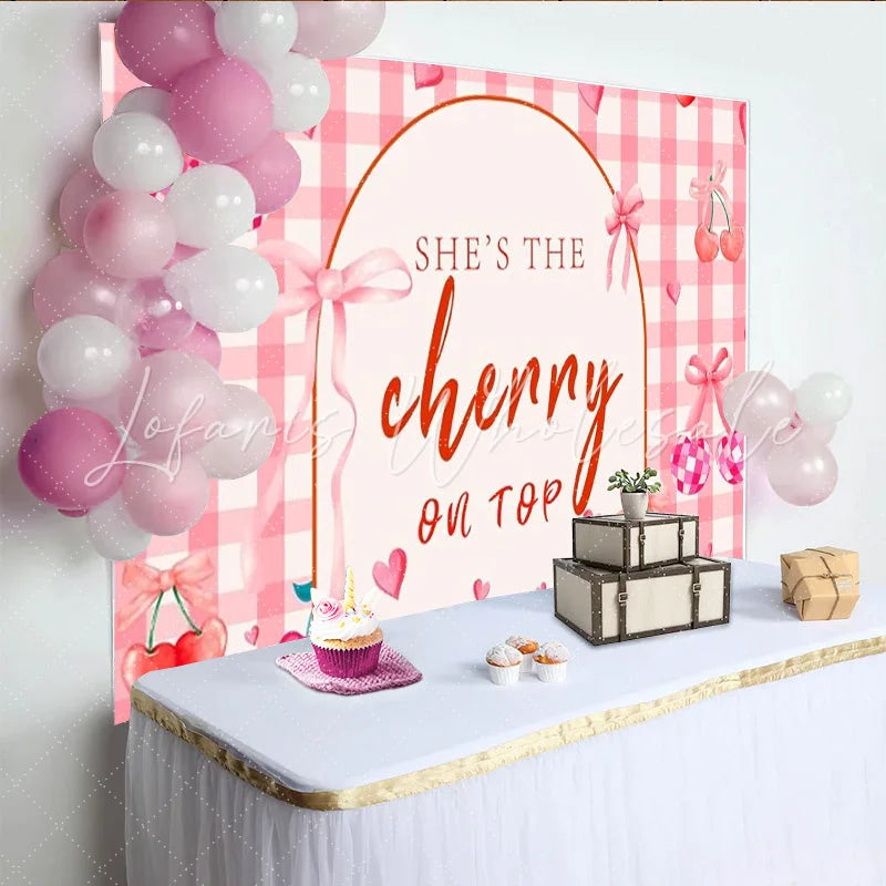 Lofaris Sweet Cherry Birthday Backdrop Pink Gingham Checkered Bow Fruit Party Decoration She is the Cherry on Top Background