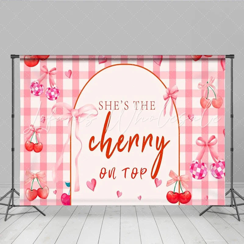 Lofaris Sweet Cherry Birthday Backdrop Pink Gingham Checkered Bow Fruit Party Decoration She is the Cherry on Top Background