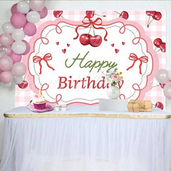 Lofaris Sweet Cherry Birthday Backdrop Pink Gingham Plaid Fruit Party Decoration Red Bow Knot Happy Birthday Banner Photography Prop