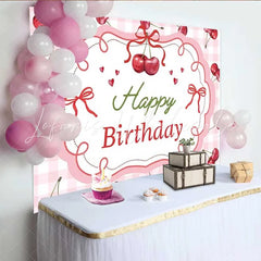 Lofaris Sweet Cherry Birthday Backdrop Pink Gingham Plaid Fruit Party Decoration Red Bow Knot Happy Birthday Banner Photography Prop