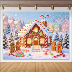 Lofaris Sweet Gingerbread House Christmas Backdrop with Candy and Snow Winter Wonderland Background for Holiday Party Decoration
