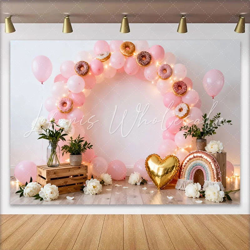 Lofaris Sweet One Donut Birthday Cake Smash Backdrop Pink Balloon Arch and Rainbow for Girl 1st Birthday Party