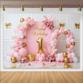 Lofaris Sweet Pink and Gold Happy 1st Birthday Party Backdrop with Balloons Crown and Flowers for Baby Girl