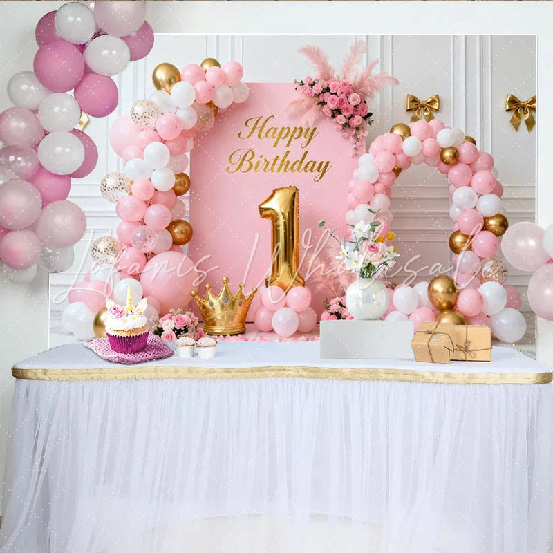 Lofaris Sweet Pink and Gold Happy 1st Birthday Party Backdrop with Balloons Crown and Flowers for Baby Girl